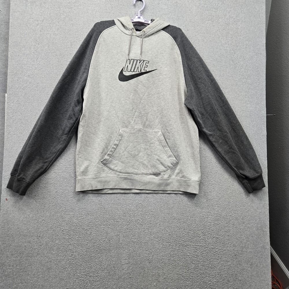 VINTAGE Nike Men Hoodie XXL Gray Embroidered Colorblock Fleece Y2K Center Logo